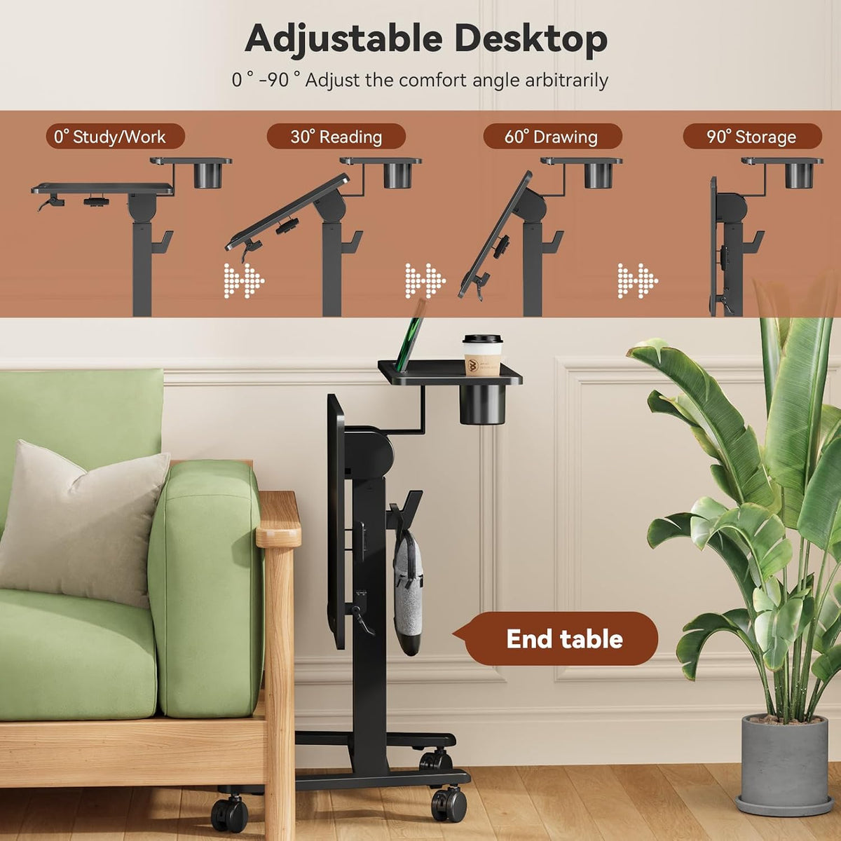 28" Mobile Standing Desk, Tiltable Top with 2-Tier Shelves, Black