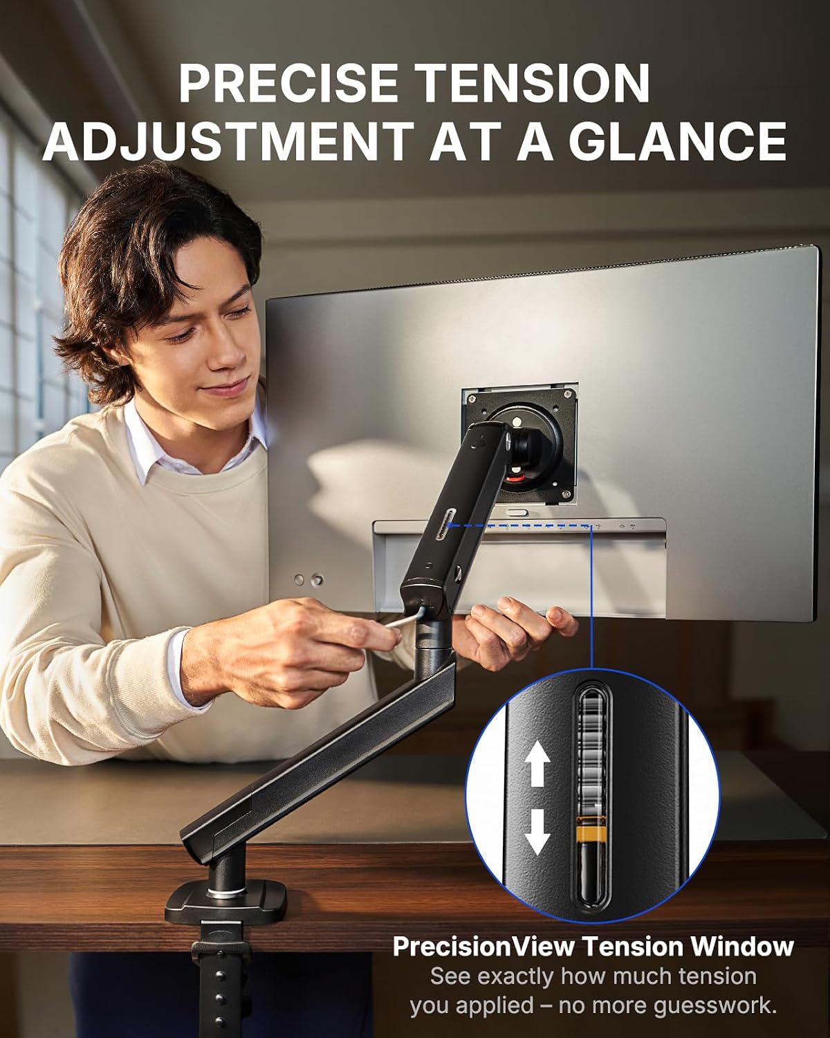 huanuo flowlift™ pro monitor arm for 13–32" screens showing dimensions