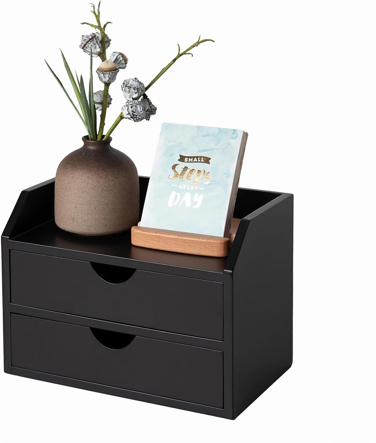 ROSE BLOOM Black Wood Desk Organizer with 2 Drawer, Mini Cute Cabinet with St...