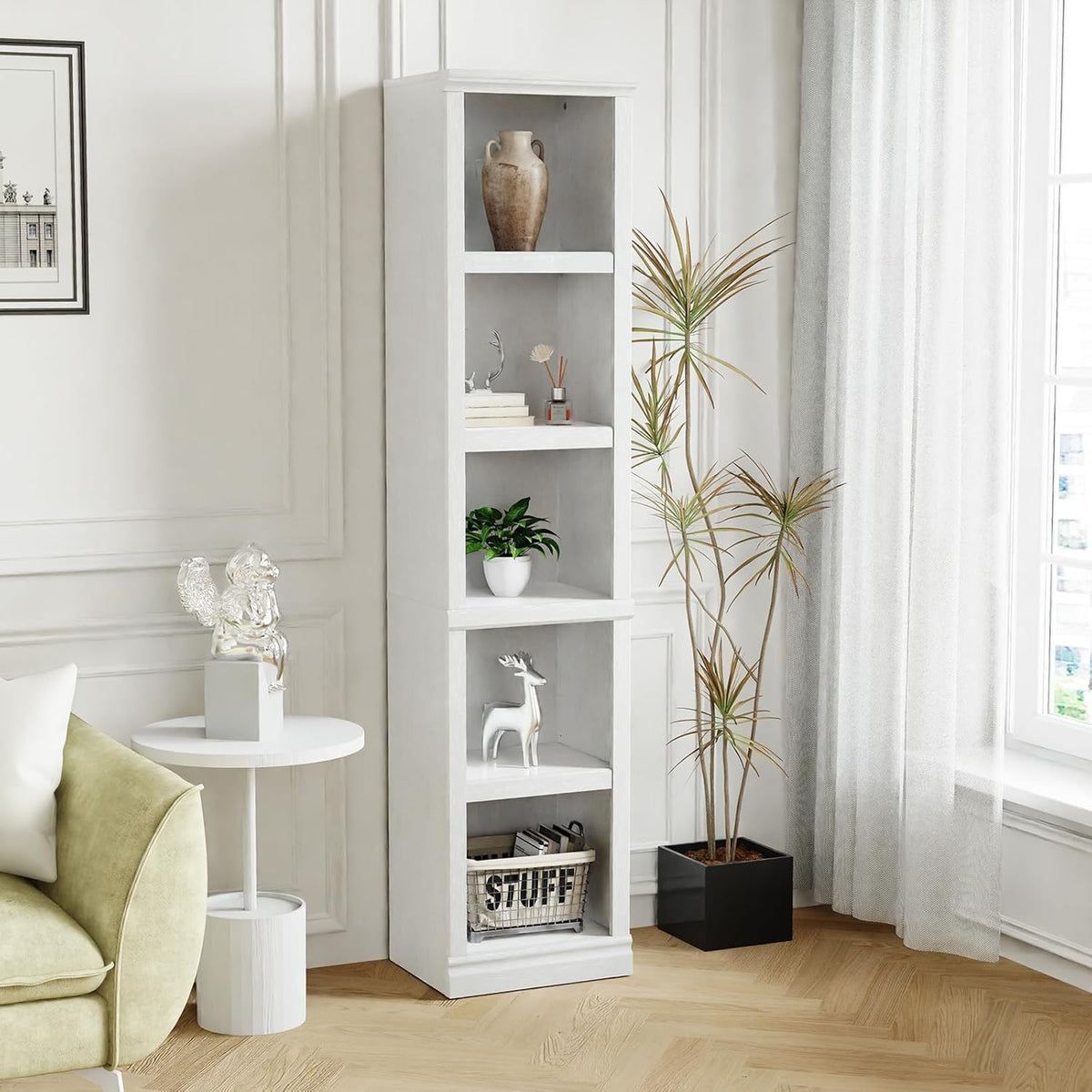 blini 5-Shelf Narrow Bookcase White Wooden Tall Bookshelves Floor Standing