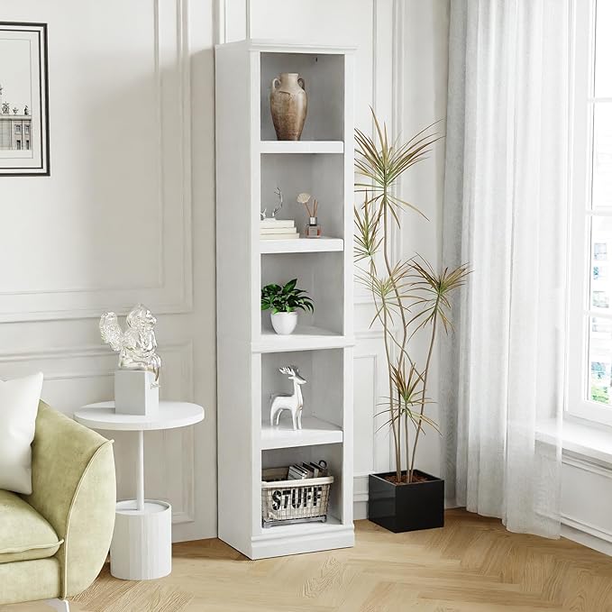 blini 5-Shelf Narrow Bookcase White Wooden Tall Bookshelves Floor Standing by blini
