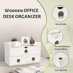 wood desk organizer with drawer, white wooden desktop showing dimensions