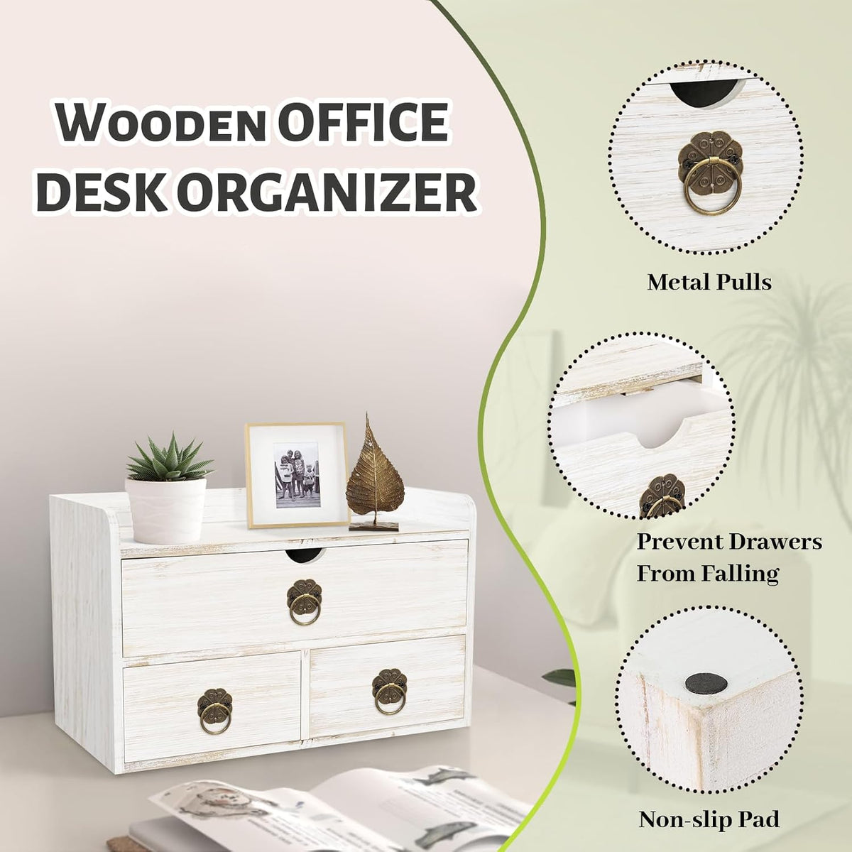 wood desk organizer with drawer, white wooden desktop showing dimensions