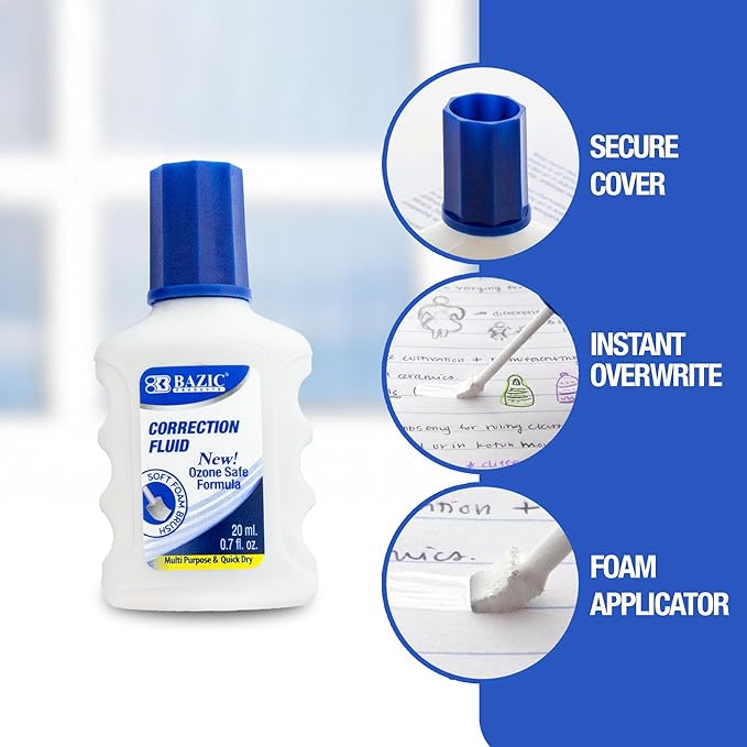BAZIC Products Correction Fluid, Foam Brush Applicator, Corrections Pen - Image 2