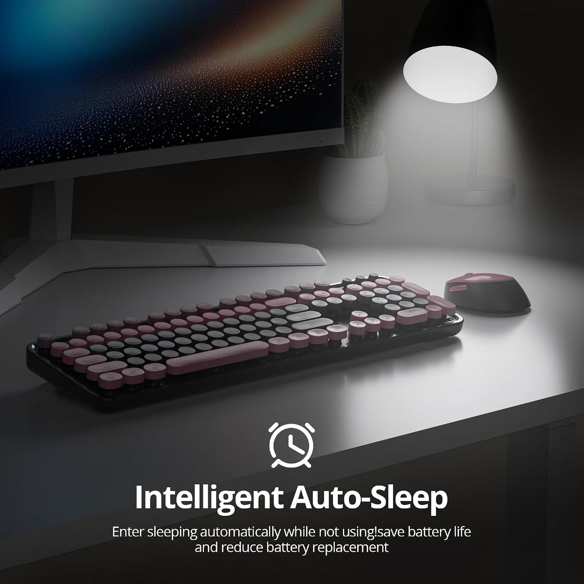 Guffercty kred Black and Pink Keyboard and Mouse Wireless, Retro Typewriter C...