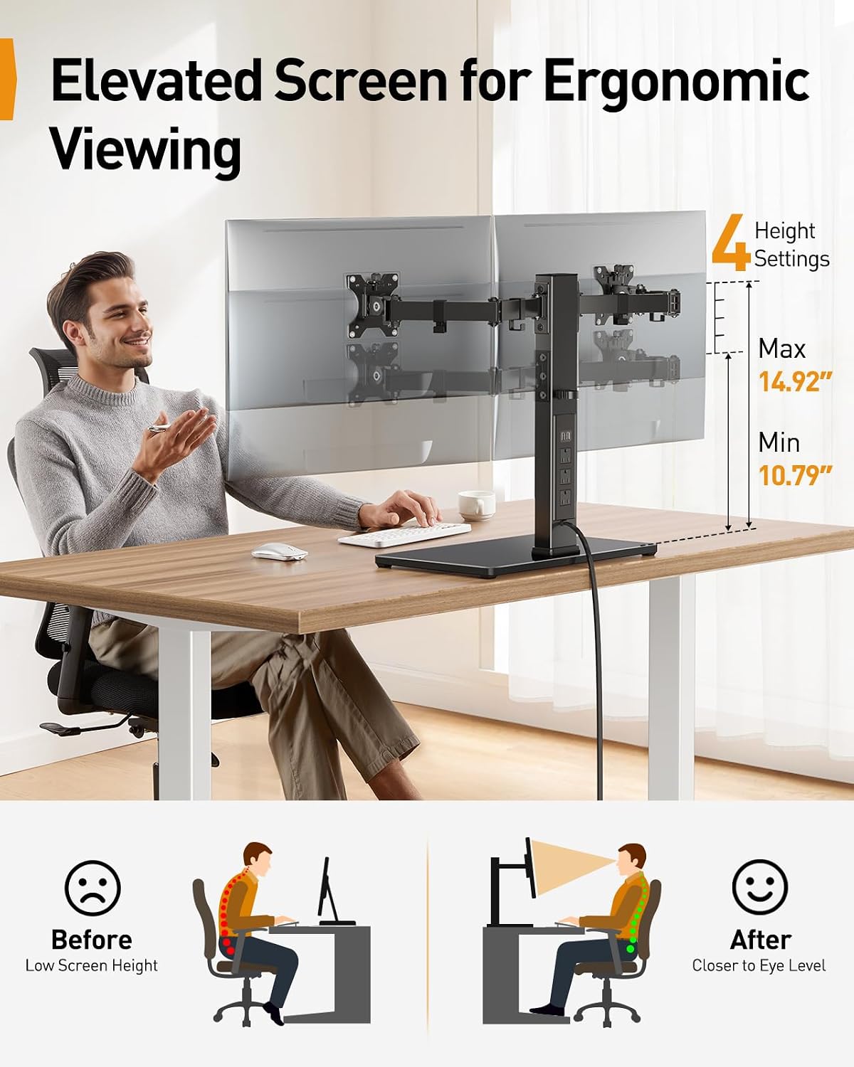 perlegear dual monitor stand with power strip, freestanding, side view