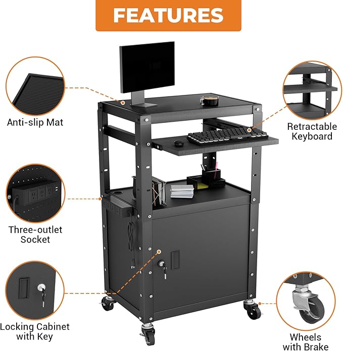 Mobile AV Cart with Cabinet, Rolling Computer Cart Height Adjustable Rolling - Image 5