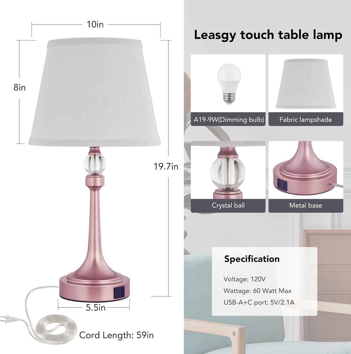 Touch Table Lamp Set of 2 with USB C+A Ports-19.7'' Rose Gold