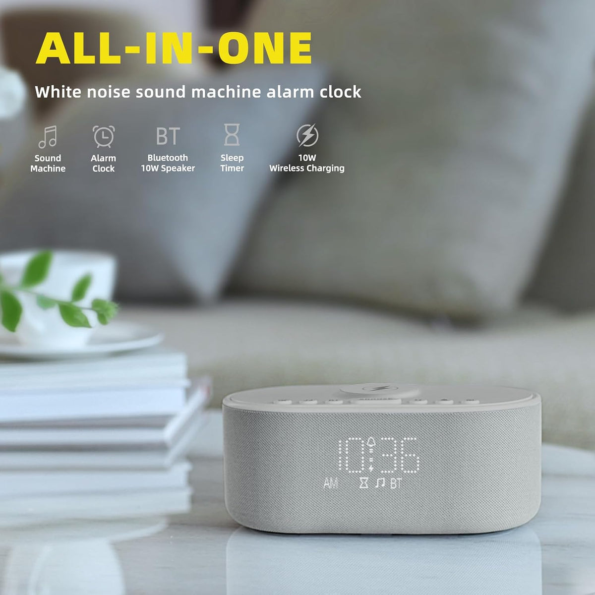 odokee sound machine alarm clock with wireless charging shown in use