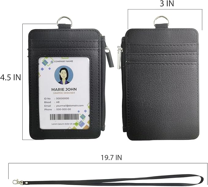 Black ID Badge Holder with Lanyard, Vertical PU Leather ID Badge Card Holder - Image 3