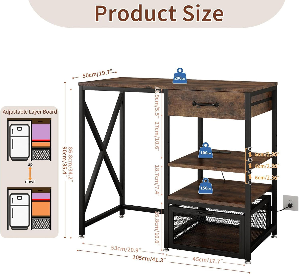 Mini Fridge Cabinet with Power Outlet and Adjustable Shelves,Rustic Brown