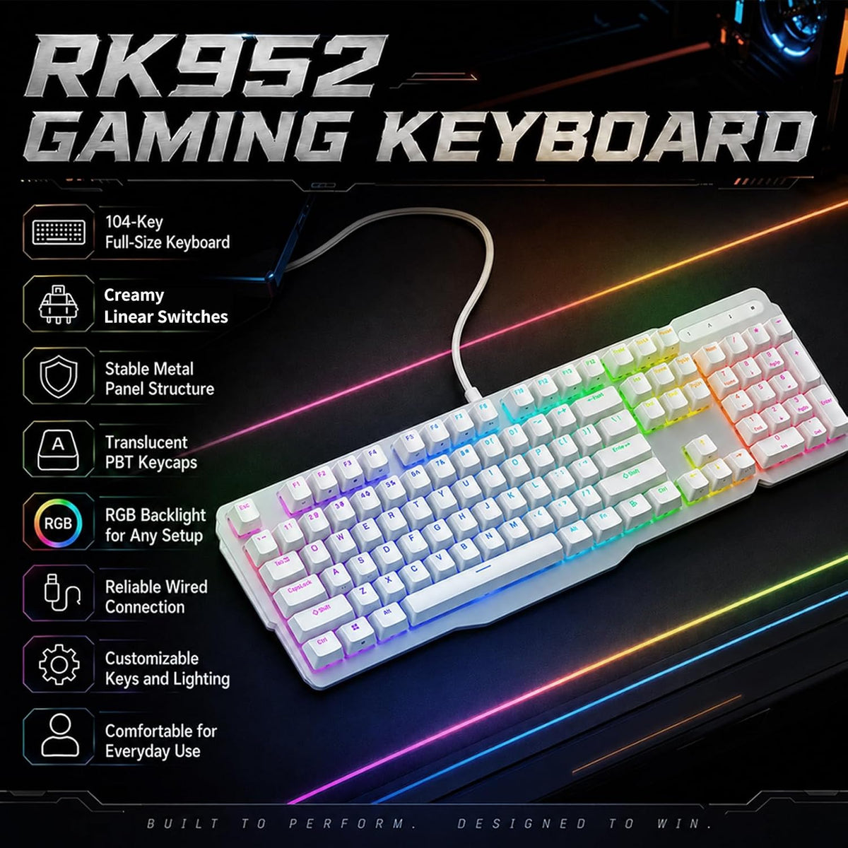 RK952 Wired Mechanical Gaming Keyboard, Full-Size 104 Keys, Aluminum Plate
