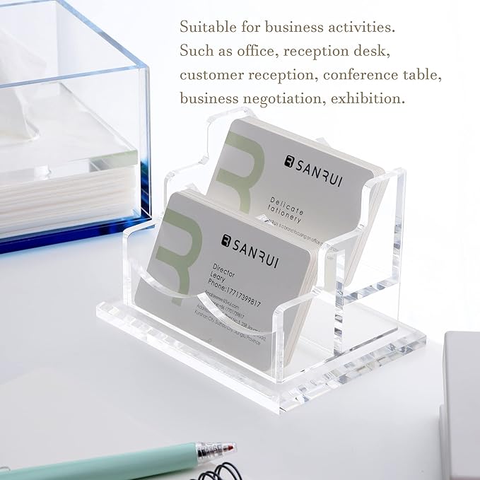 YUXUN Clear Acrylic 2-Tier Business Card Holder – 2-Slot Desk Organizer - Image 2