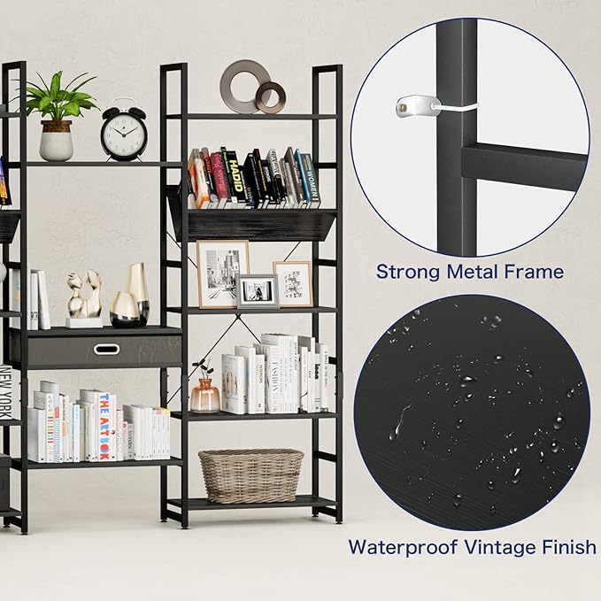 NUMENN Triple Wide 5 Tier Bookshelf, Adjustable Rustic Industrial Style Book - Image 7