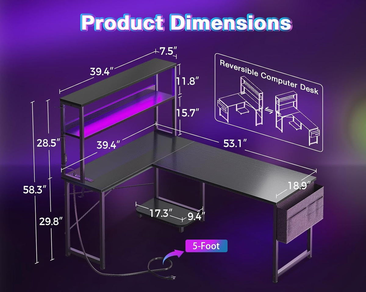 AODK L Shaped Desk Gaming Desk with LED Light & Power Outlet
