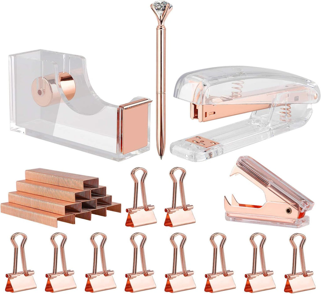 KIDMEN Rosegold Desk Accessory Kit,Set of Stapler, Staple Remover,1000pcs Staples,Tape Dispenser,Big Diamond Ballpoint Pen and 10pcs Binder Clips