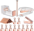 KIDMEN Rosegold Desk Accessory Kit,Set of Stapler, Staple Remover,1000pcs Staples,Tape Dispenser,Big Diamond Ballpoint Pen and 10pcs Binder Clips