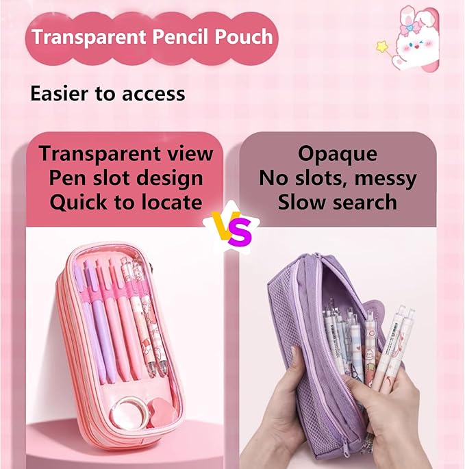 UINSUE Cute Pen case Adorable Bunny Transparent 3-Layer Large Capacity Pencil - Image 4