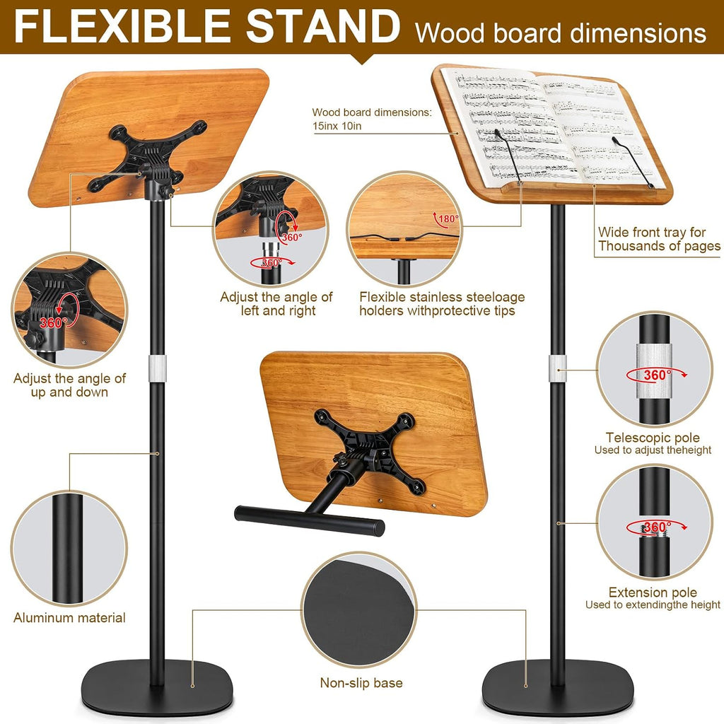 2-in-1 Dual-use Floor & Desktop Book Stand, 100% Solid Wood Book Stand, Adjustable Height 16.5"- 51" Laptop Floor Stand Book Holder with Page Clips for Cookbooks, Sheet Music (Natural Wood Color)