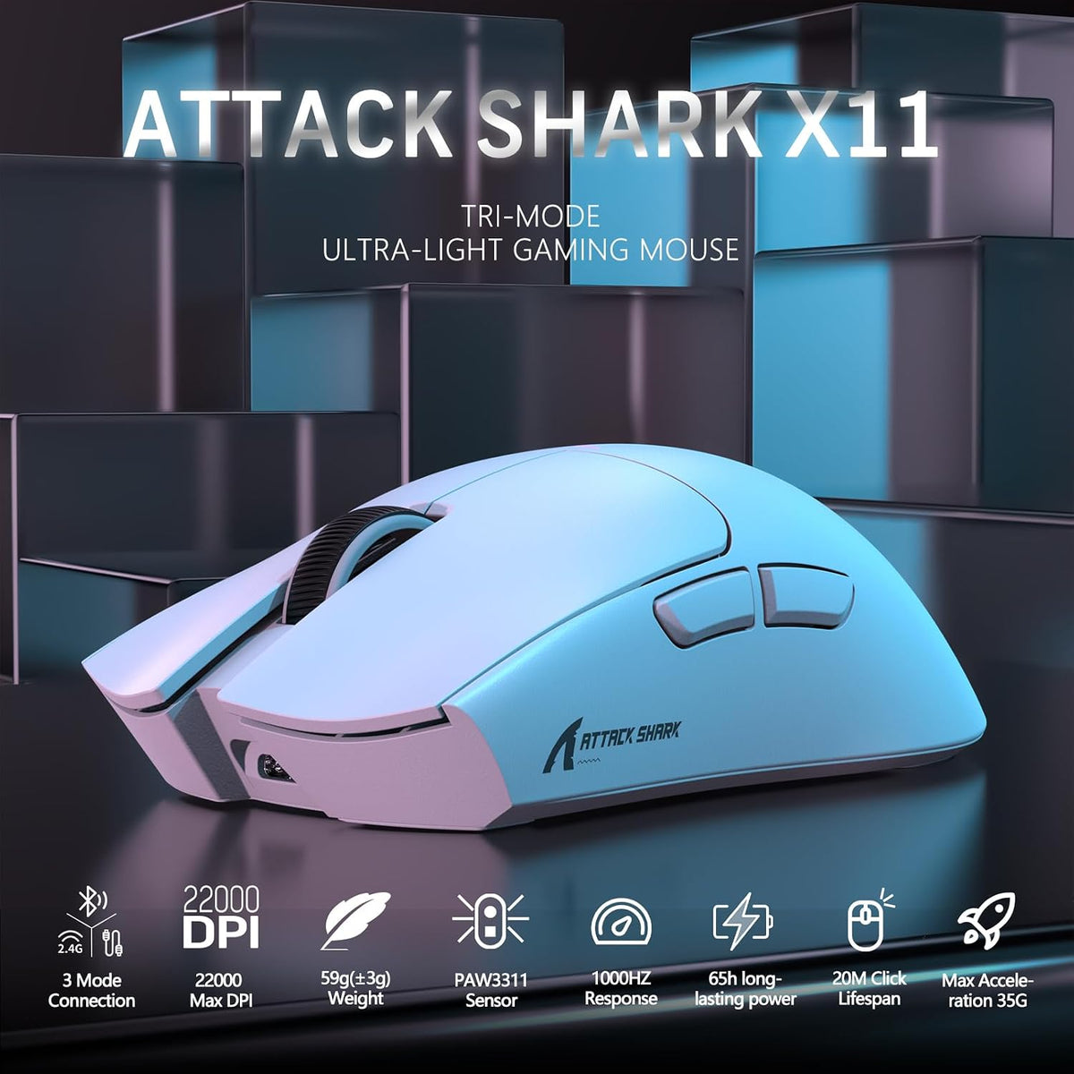 ATTACK SHARK X11 59g Lightweight Wireless Gaming Mouse,RGB Magnetic Charging ...