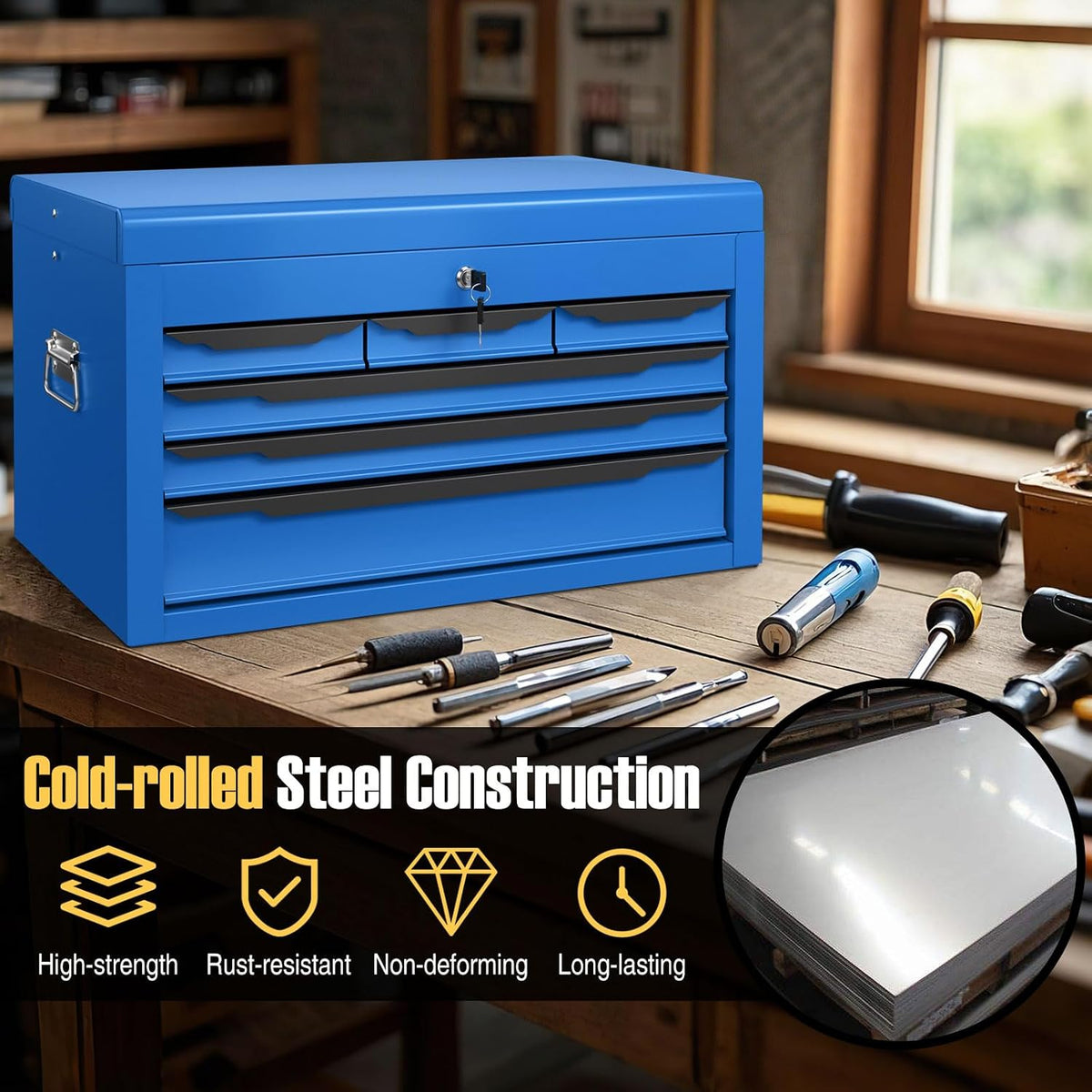 Tool Box, 6-Drawer Steel Tool Chest with Top Storage Automatic Lock & EVA...