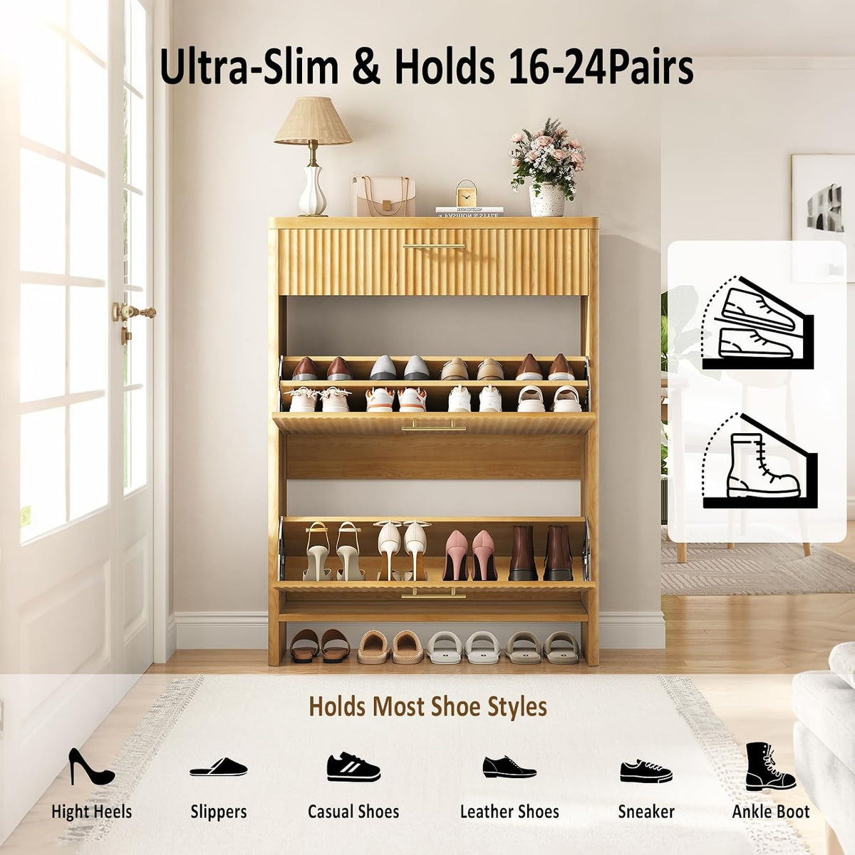 Fluted Shoe Storage Cabinet for Entryway, Narrow Wooden Shoe Cabinet with 2 F...