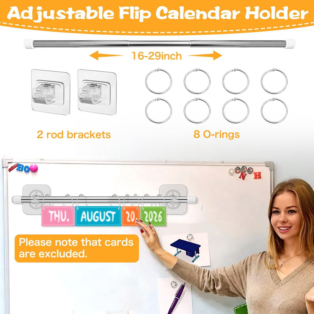 Adjustable Anchor Chart Holder, Flip Calendar Rod for Classroom, 8 O Rings | Strong Adhensive Tapes, Calendar Holder for Wall & Whiteboard, Mini Date Chart Cards Anchor Crafts Decoration Accessories