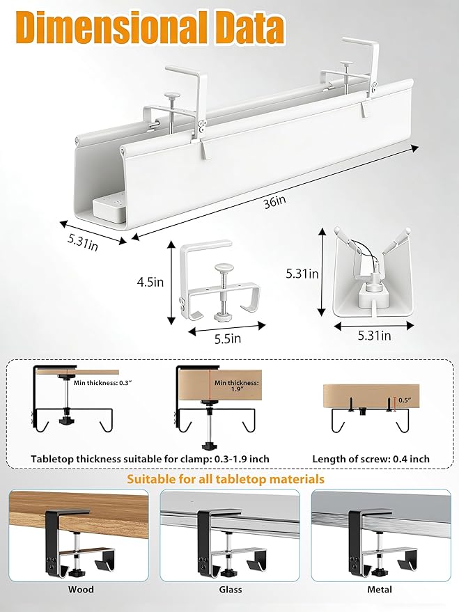 Oxford Cloth Under Desk Cable Management Tray, No-Drill 36" Desk Cable - Image 3