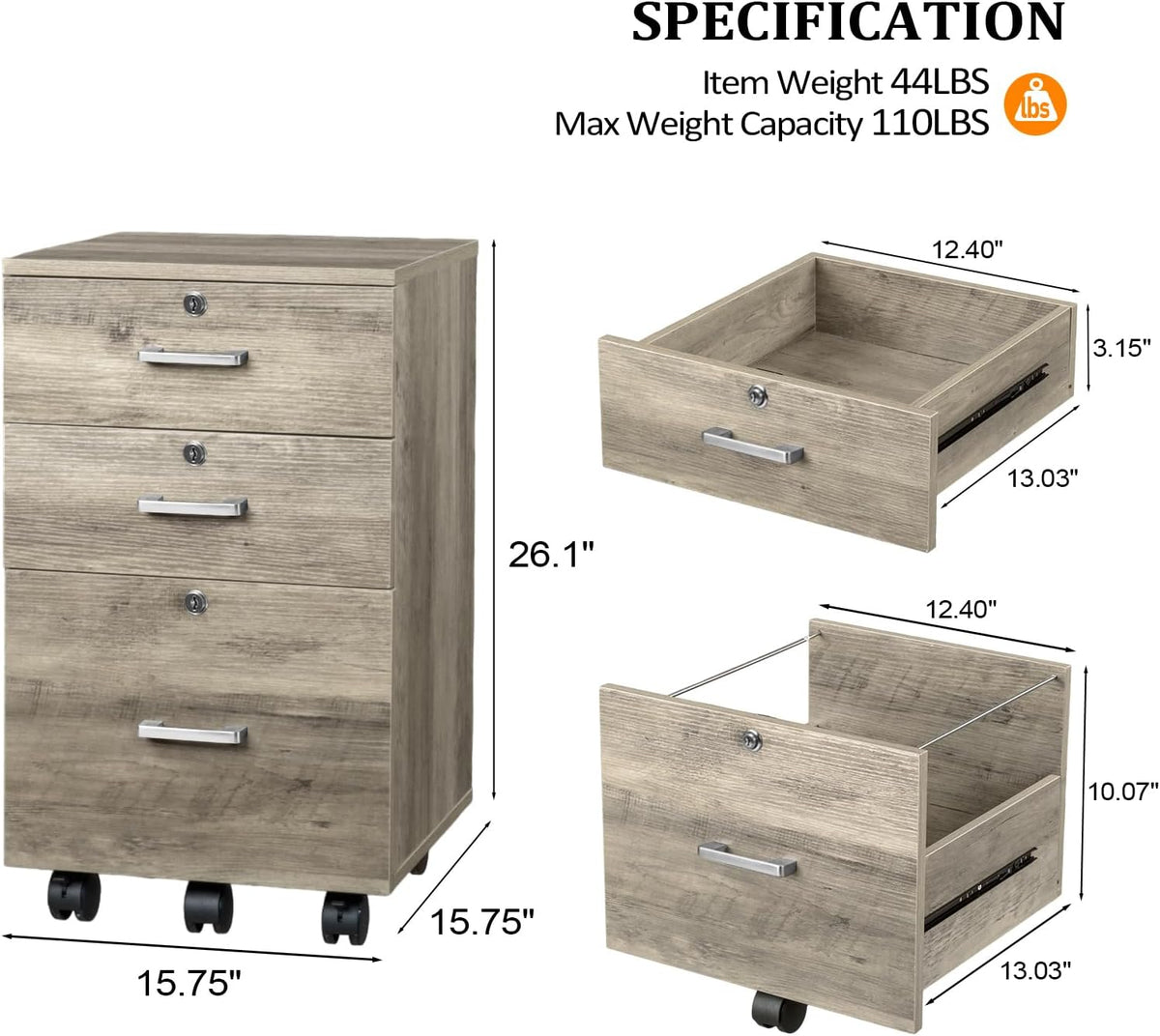 VINGLI 3-Drawer File Cabinet with Lock, Wood Rolling Under Desk File Cabinets...
