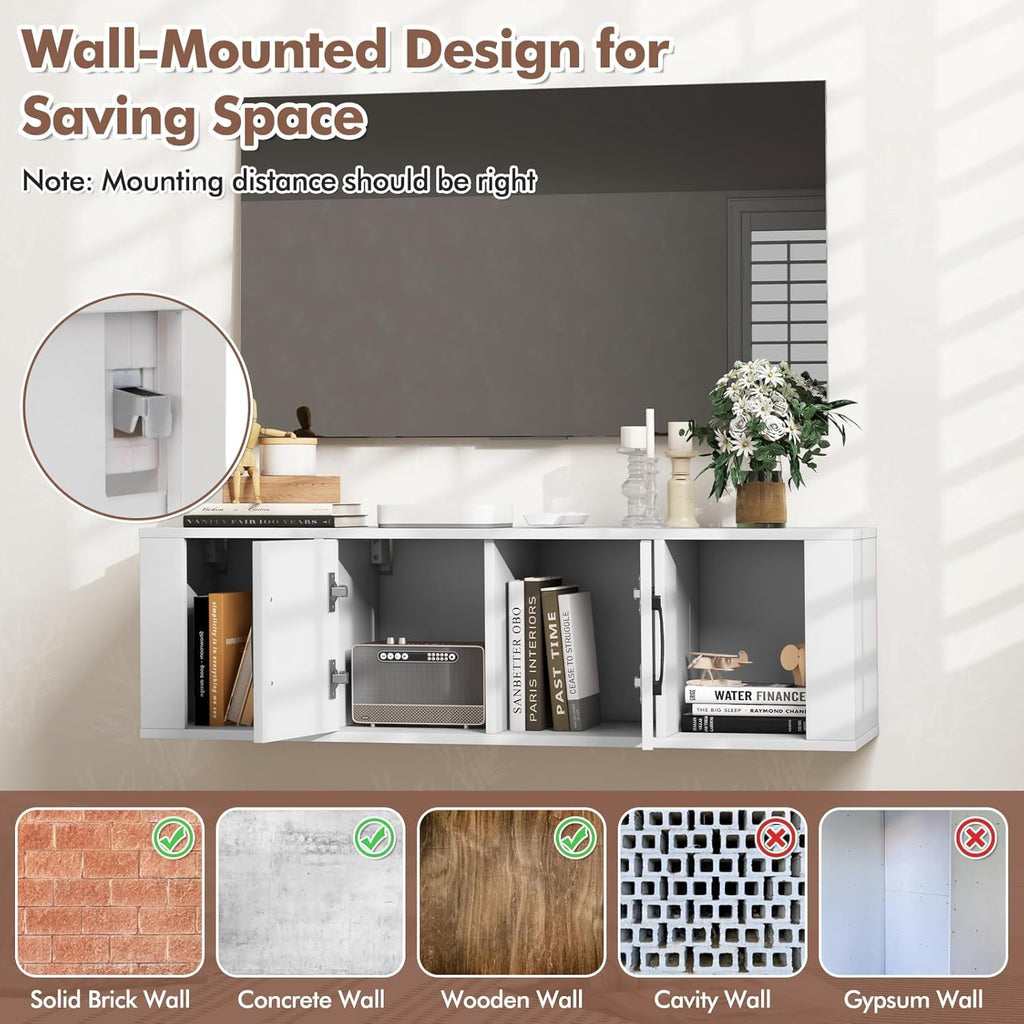 SIMOE Wall Mounted Media Storage Cabinet, Floating Hanging Desk Hutch with Doors and 2 Open Shelves, Floating Console Hutch for Bathroom, Kitchen, Living Room,White, 13" D x 42.5" W x 12" H