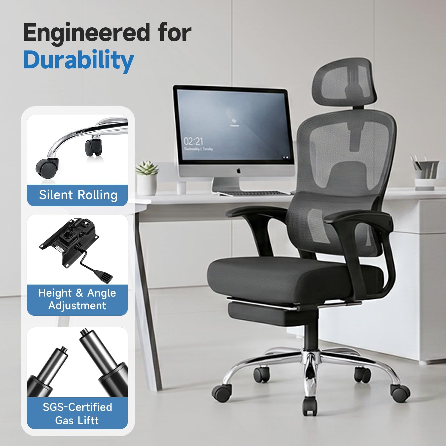 Ergonomic Office Chair with Footrest, 90-145° Reclining Desk Chair with Adjustable Lumbar Support & Headrest, High Back Mesh Computer Chair for Home Office/Gaming, 350lbs Capacity