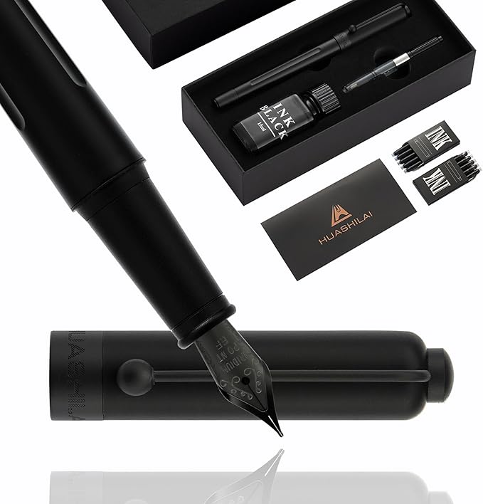 HUASHILAI Luxury Matte Black Forest Fountain Pen Set, Titanium Black Extra Fine by HUASHILAI