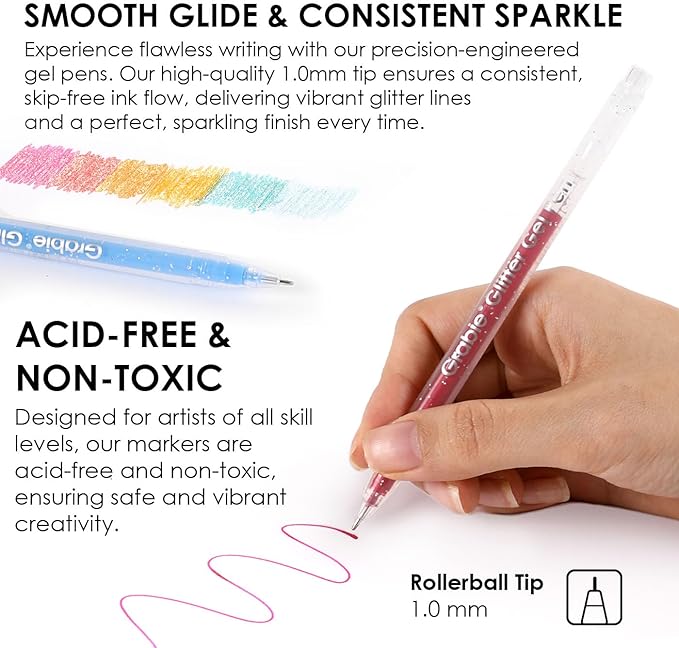 Grabie 42 Capped Glitter Gel Pen Set, 18 Iridescent&24 Essential Color Pens - Image 5