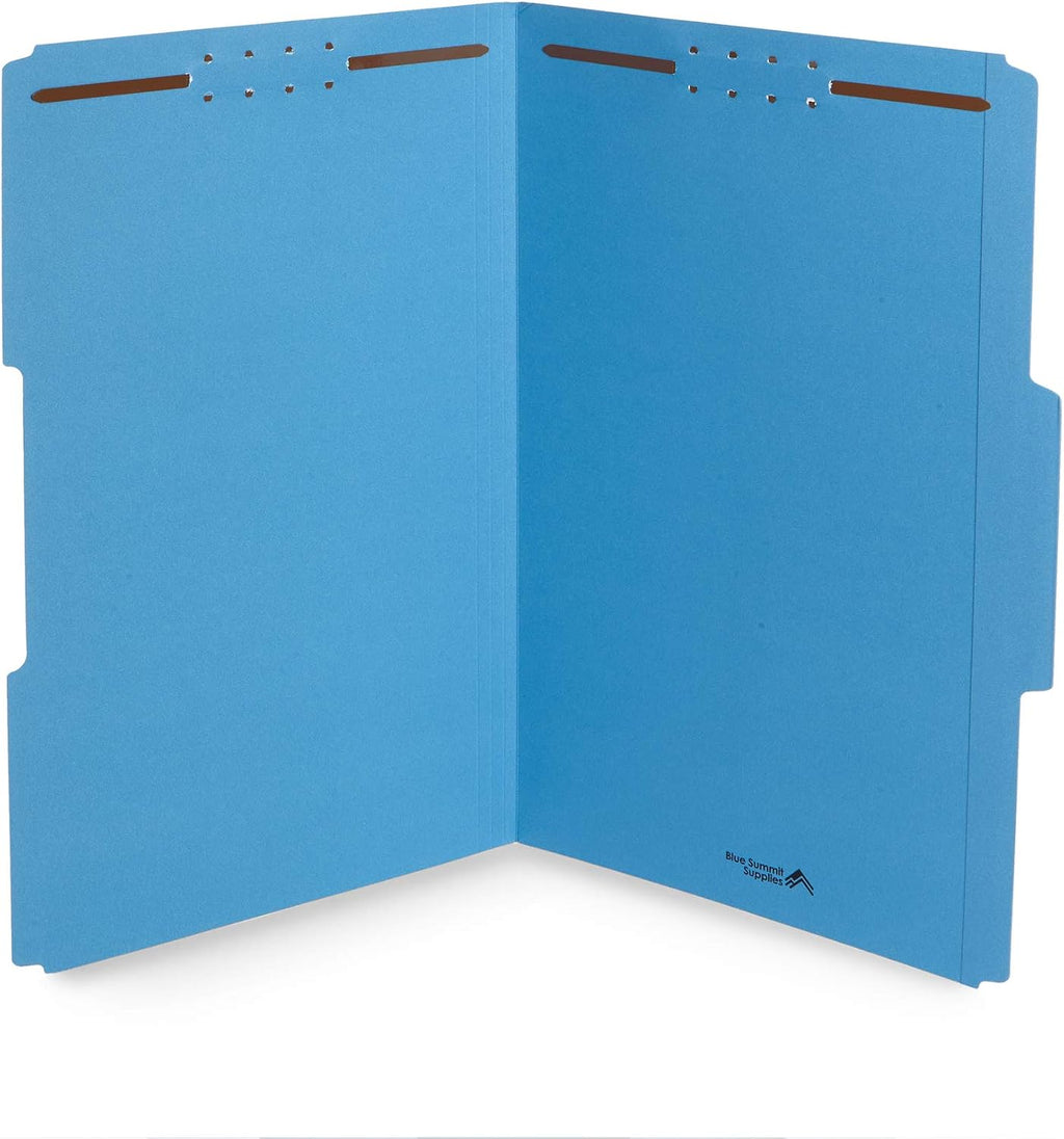 Blue Summit Supplies 50 Fastener File Folders, Legal, Heavy Duty, Blue | Heavy-duty 14pt, reinforced 1/3 top tab, legal size, embedded fasteners, for legal, medical, and office records