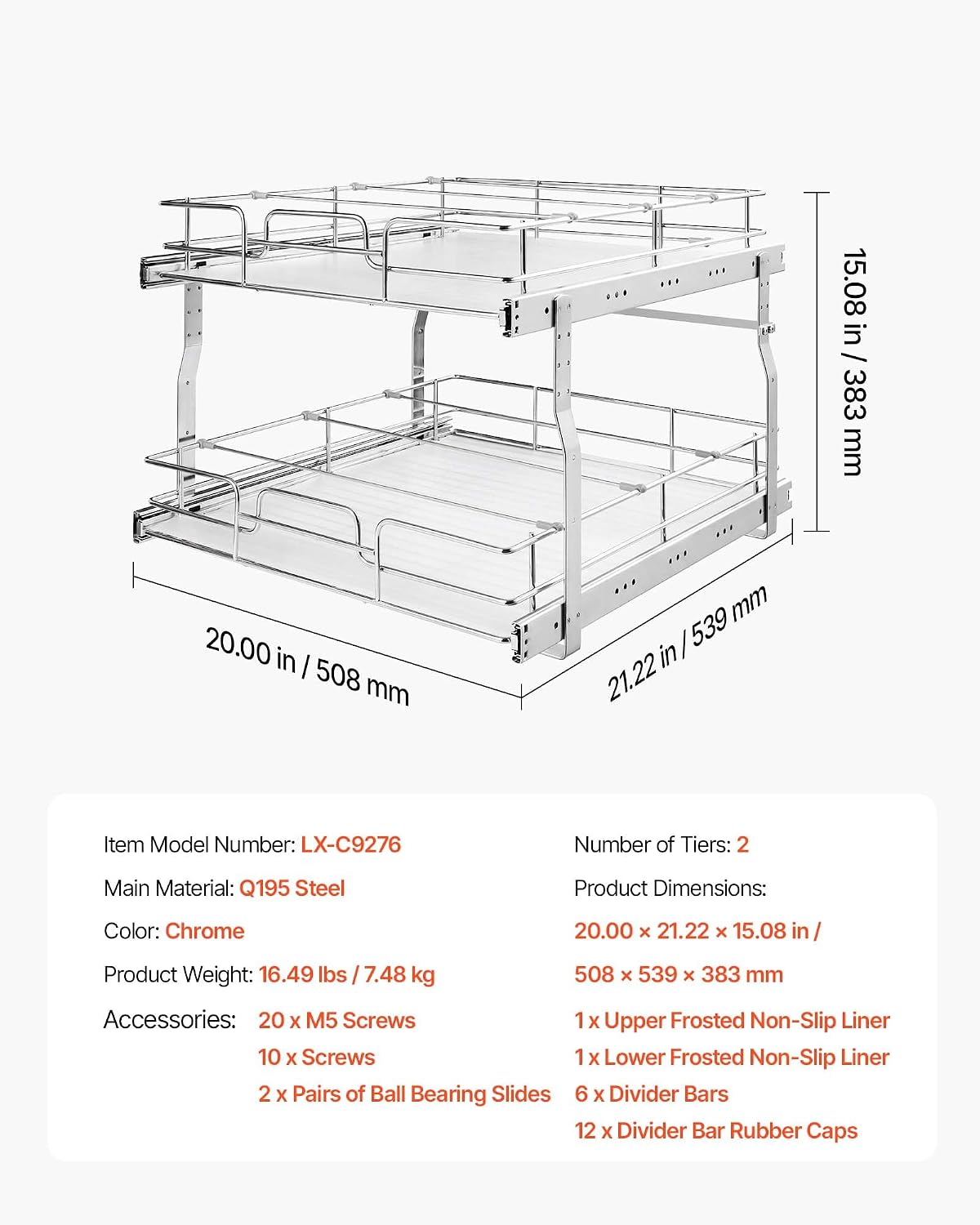 VEVOR 2 Tier Pull Out Cabinet Organizer 20" W x 21.22" D Slide Out ...