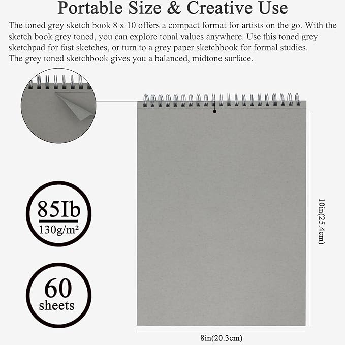 Fuxi Toned Gray Sketchbook 8x10, 60 Sheets Acid-Free Drawing Paper, Spiral - Image 2