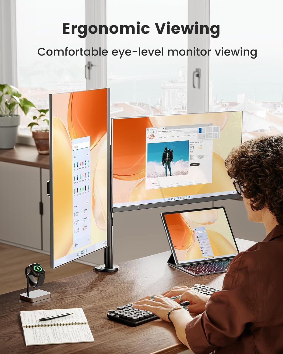 ergear dual monitor stand, heavy duty adjustable monitor, front angle view