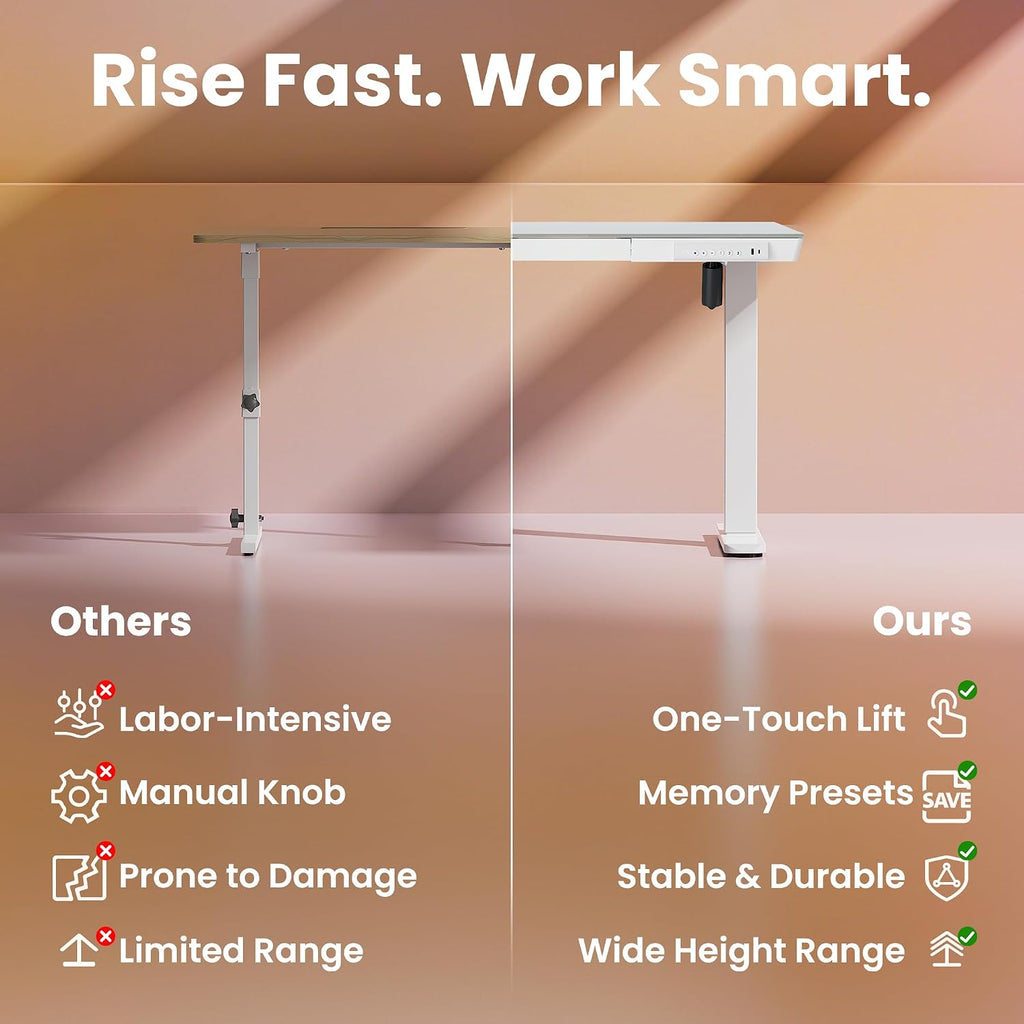 HUANUO Glass Standing Desk with Drawers, 35 X 20 Inch Electric Adjustable Height Desk, Quick Install One-Piece Tabletop with USB Charging Ports, White
