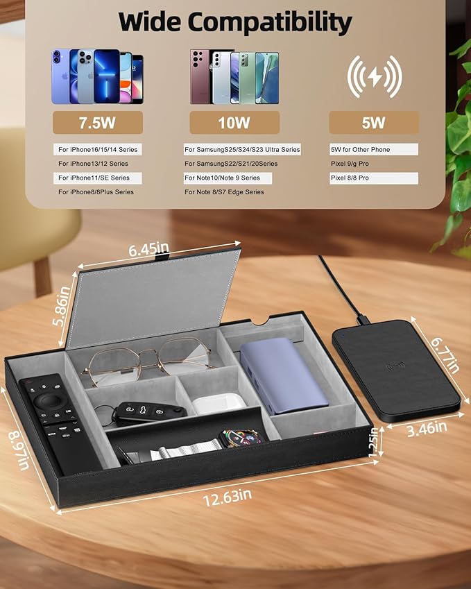Valet Tray with Wireless Charger, Nightstand Organizer, Leather Desk Drawer - Image 5