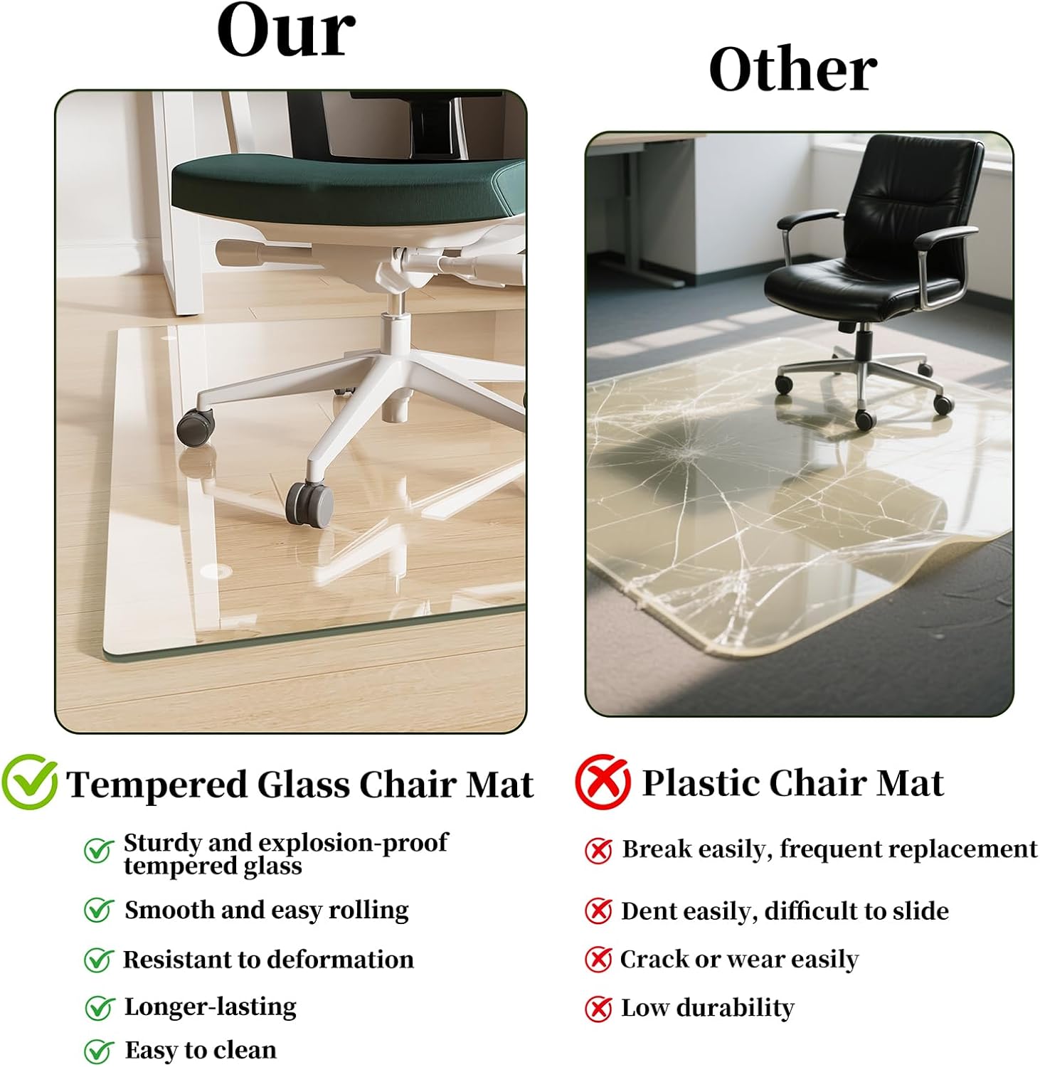 Glass Chair Mat 30" x 48" Tempered Glass Office Chair Mat | Glass Desk Chair Mat with Round Corner and Polished Edge for Smooth Glide, Glass Floor Mat for Carpet Hardwood Floor