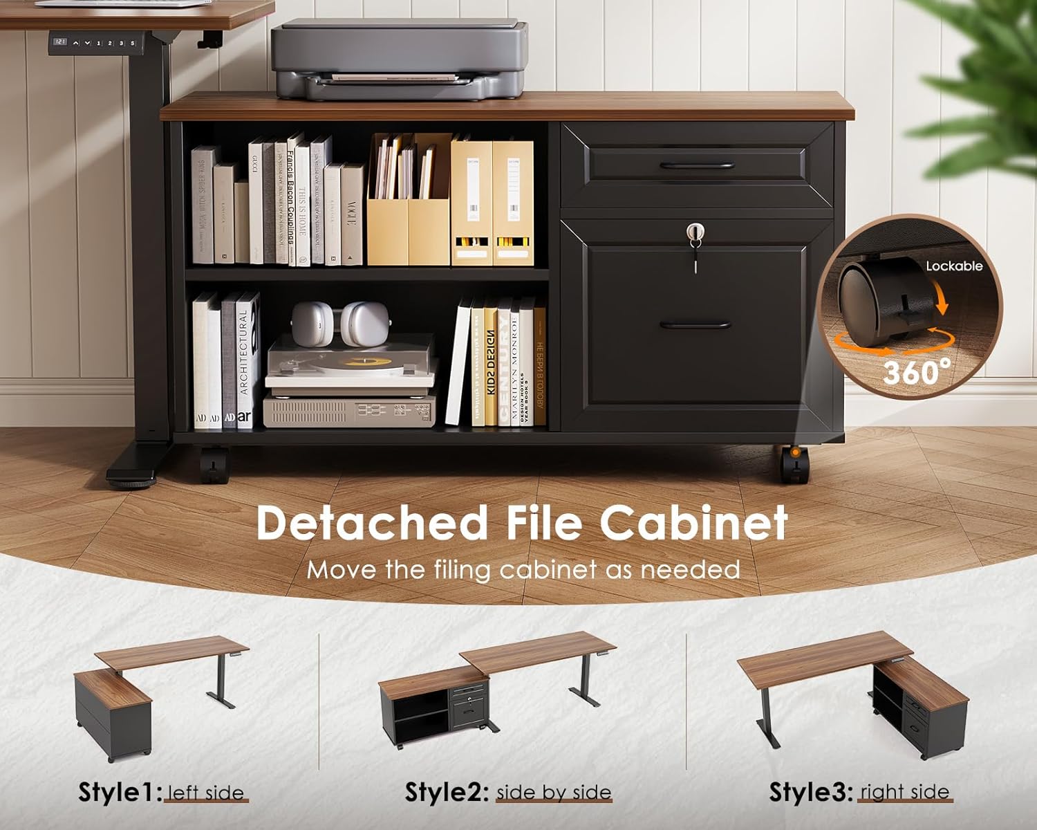 55" L Shaped Electric Standing Desk with Cabinet Sets, Walnut/Black | Mobile Drawers & File Cabinet Sets for Flexible Layout, Height Adjustable Executive Stand Up Desk for Home Office Workstation