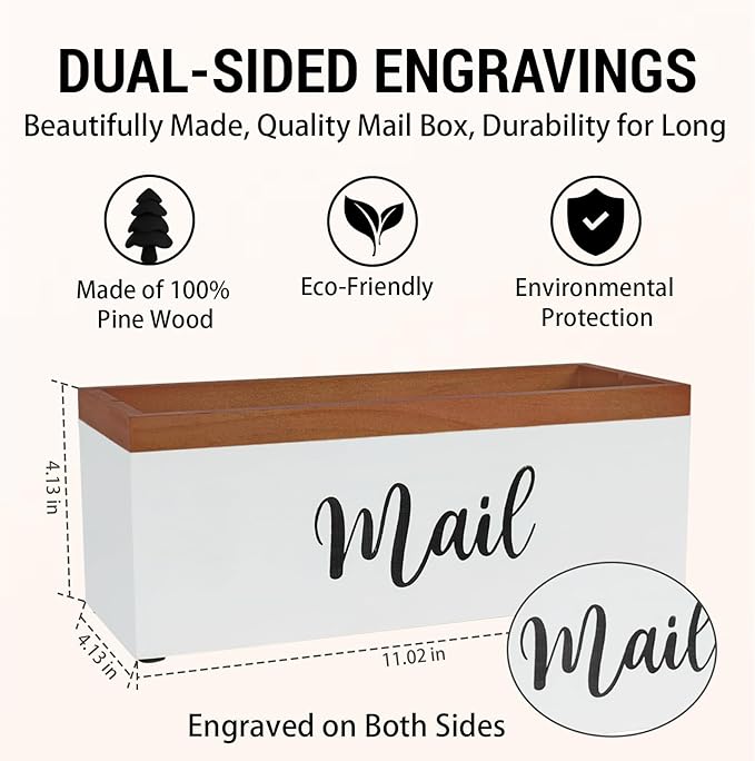100% Real Wood Mail Organizer for Countertop, Dual-Sided Mail Script Design - Image 4