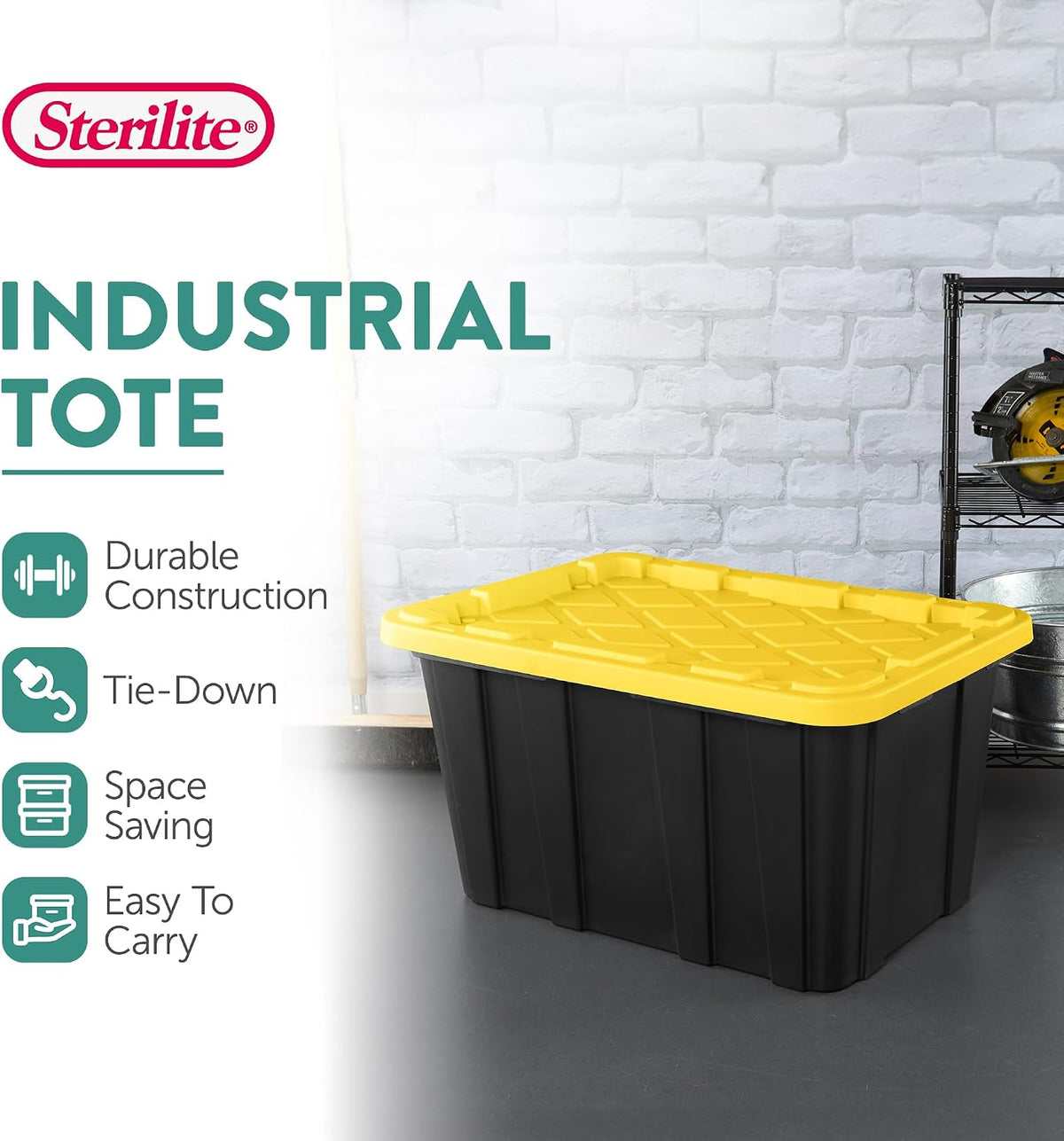 sterilite industrial storage tote with lids for garage, close-up detail