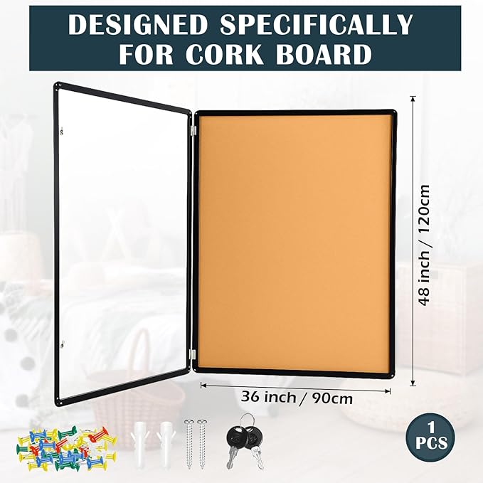 Cholemy Enclosed Bulletin Lockable Cork Case Notice Board 48 x 36 Inch - Image 2