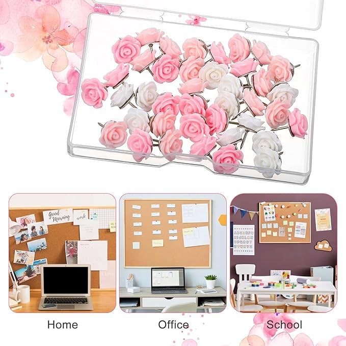 XLIUAX 40Pcs Flower Push Pins, Rose Thumb Tacks Cute Pink Thumbtacks - Image 6