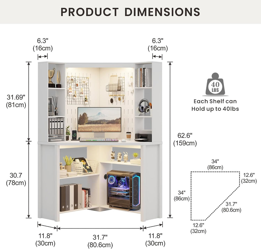 Corner Computer Desk with Hutch & Shelves and LED Reading Lights, White | 2 AC Outlets & USB & Type-C Charging Station, 3 Dimmable Lights, 6-Tiers Shelves, Fits Home Office, for Gaming and Work Use