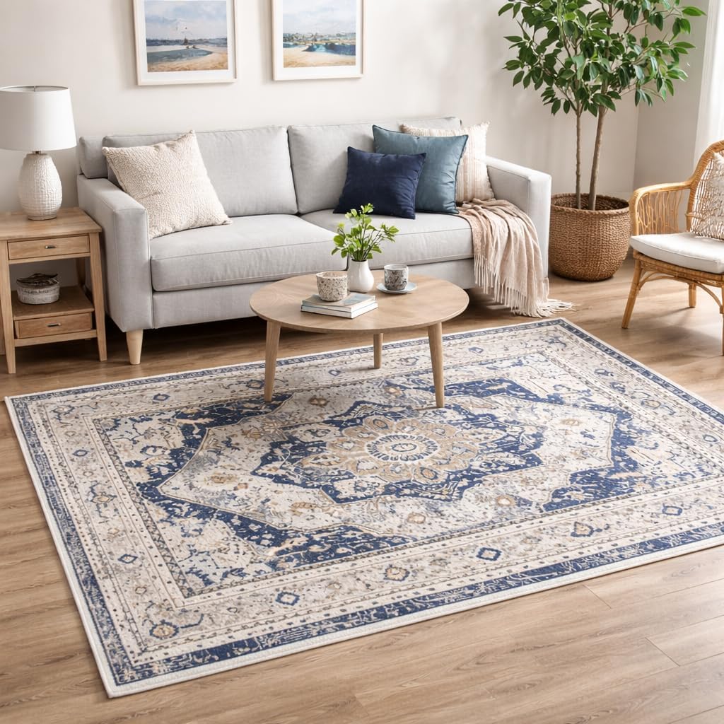 Office Chair Mat for Hard Floor - 60'' x 75'' Chair Mat for Hardwood and Tile Floors, Non-Slip Hard Floor Protection Mats for Rolling Chair Under Desk, Machine Wash (Beige & Blue)