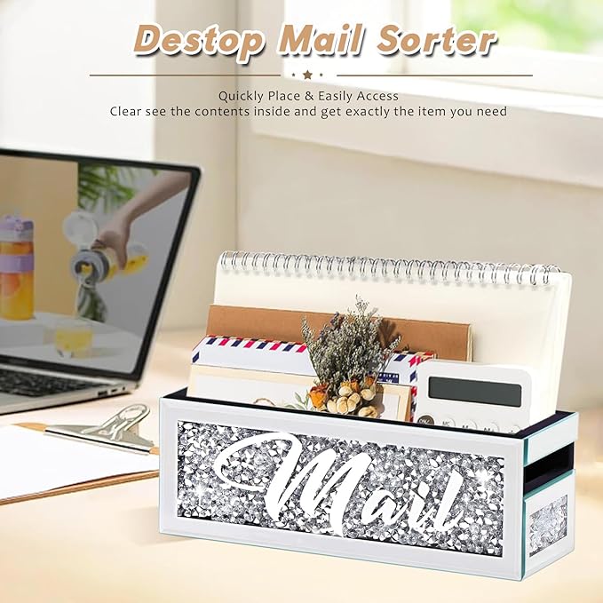 Crushed Diamond Mail Organizer, Crystal Mail Organizer Countertop, Mirror - Image 4