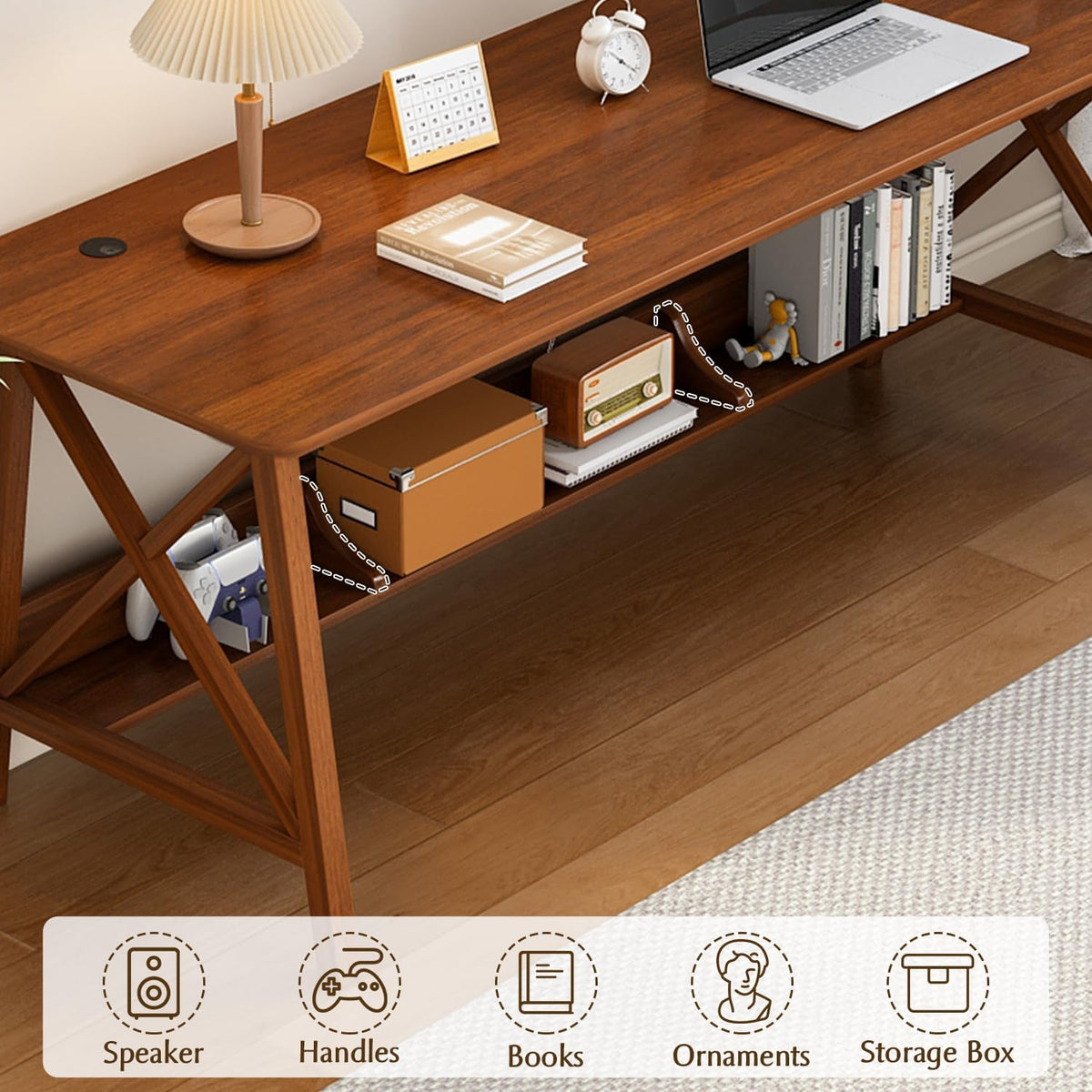 NELYE Extra Long Writing Desk with Bookshelf, 71" Wx24 Dx30 H, Walnut
