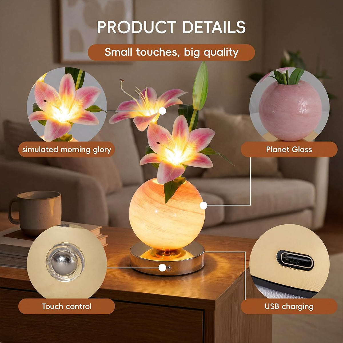 Lily Lamp Rechargeable Wireless Touch-Control Dimmable Faux Flower Desk Light...